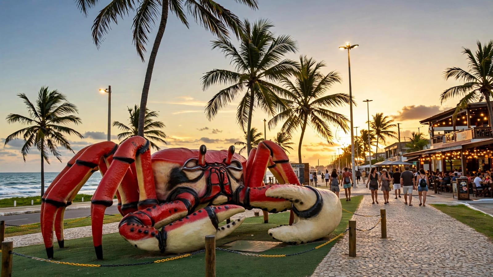 Vista aérea da orla de Aracaju, em Sergipe, com praia, mar azul e coqueiros ao pôr do sol
